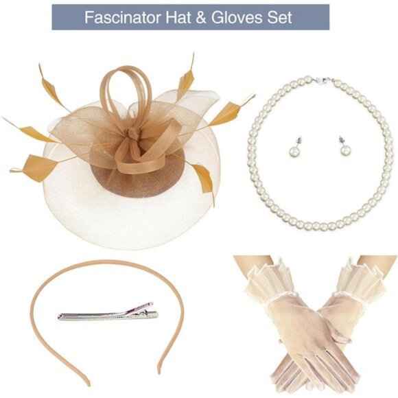 Fascinator Hats with Gloves Set for Women Tea Party Cocktail Wedding Headwear - Picture 4 of 7